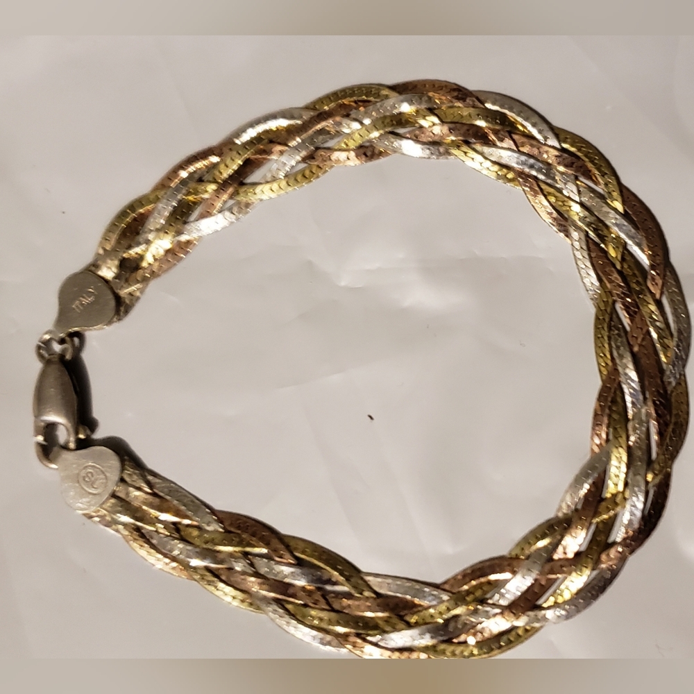 Vtg. Gorgeous Italian Multi Toned Sterling 7” Braided Herringbone Bracelet